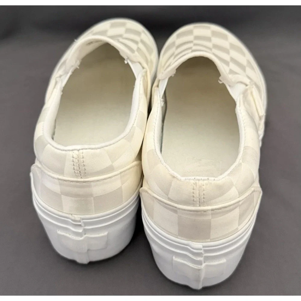 Vans Classic Slip-On Shoe Womens Size 7 Ivory Stackform Checkerboard Satin